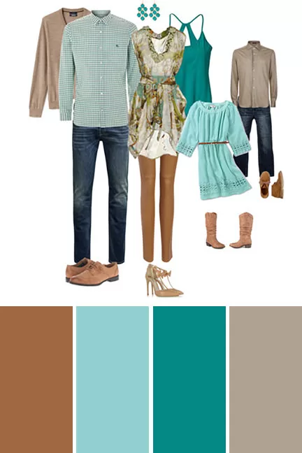 What To Wear For Outdoor Family Photos 4 outfit color scheme outdoor family example turqoise brown jpg